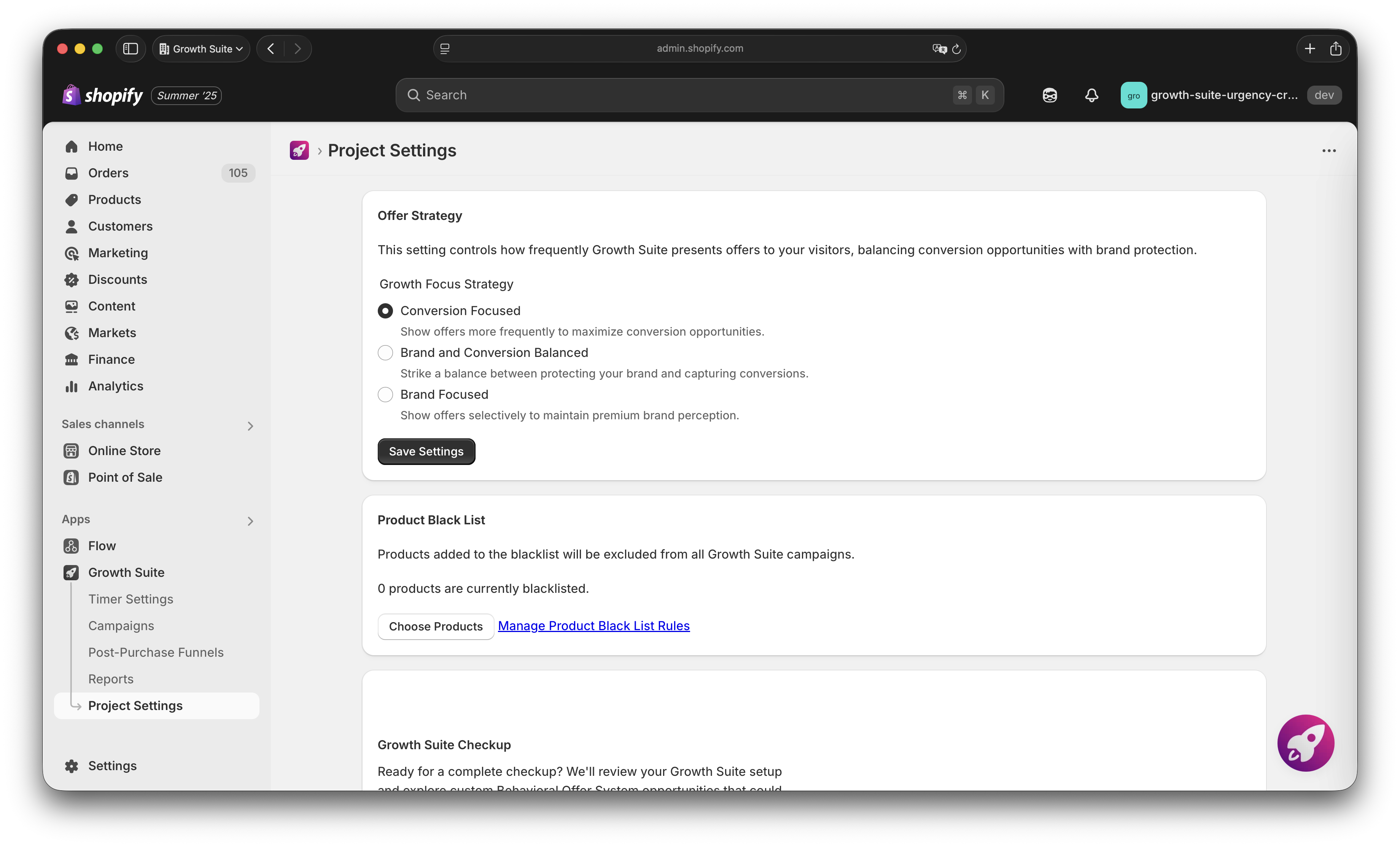 Growth Suite's settings page showing advanced behavioral targeting controls and offer strategy options