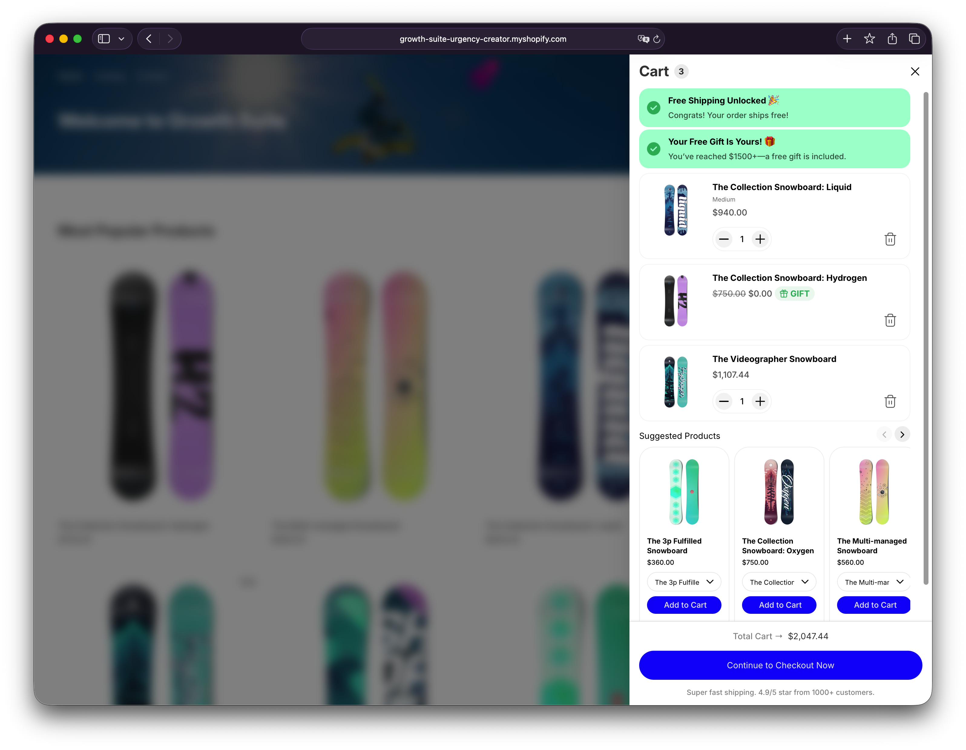 Growth Suite cart drawer showing advanced features on desktop
