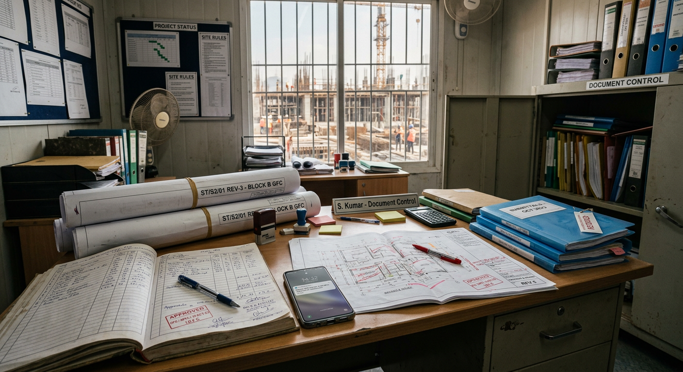 Indian construction site office with organized document files, engineering drawings, and measurement books for project control