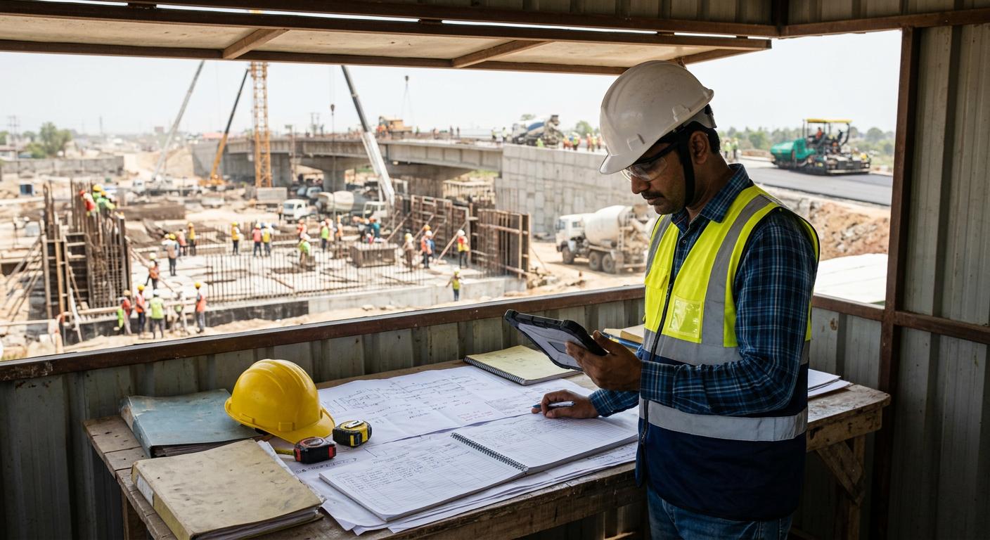 Site engineer reviewing daily progress report on tablet at Indian construction site office