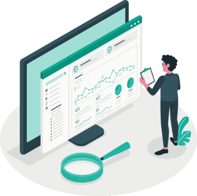 Illustration showing a person holding a clipboard in front of a giant screen displaying a business web app, representing the desire to turn your excel sheet into an app