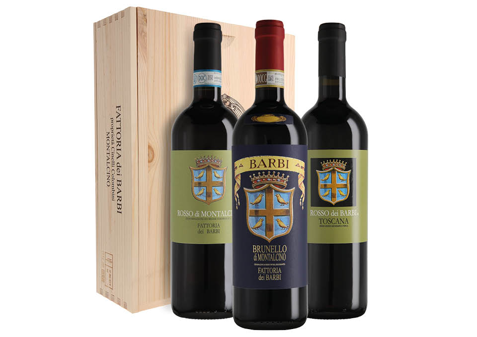 Cassetta da 3 bottiglie: Brunello e Rosso di Montalcino, Rosso dei Barbi