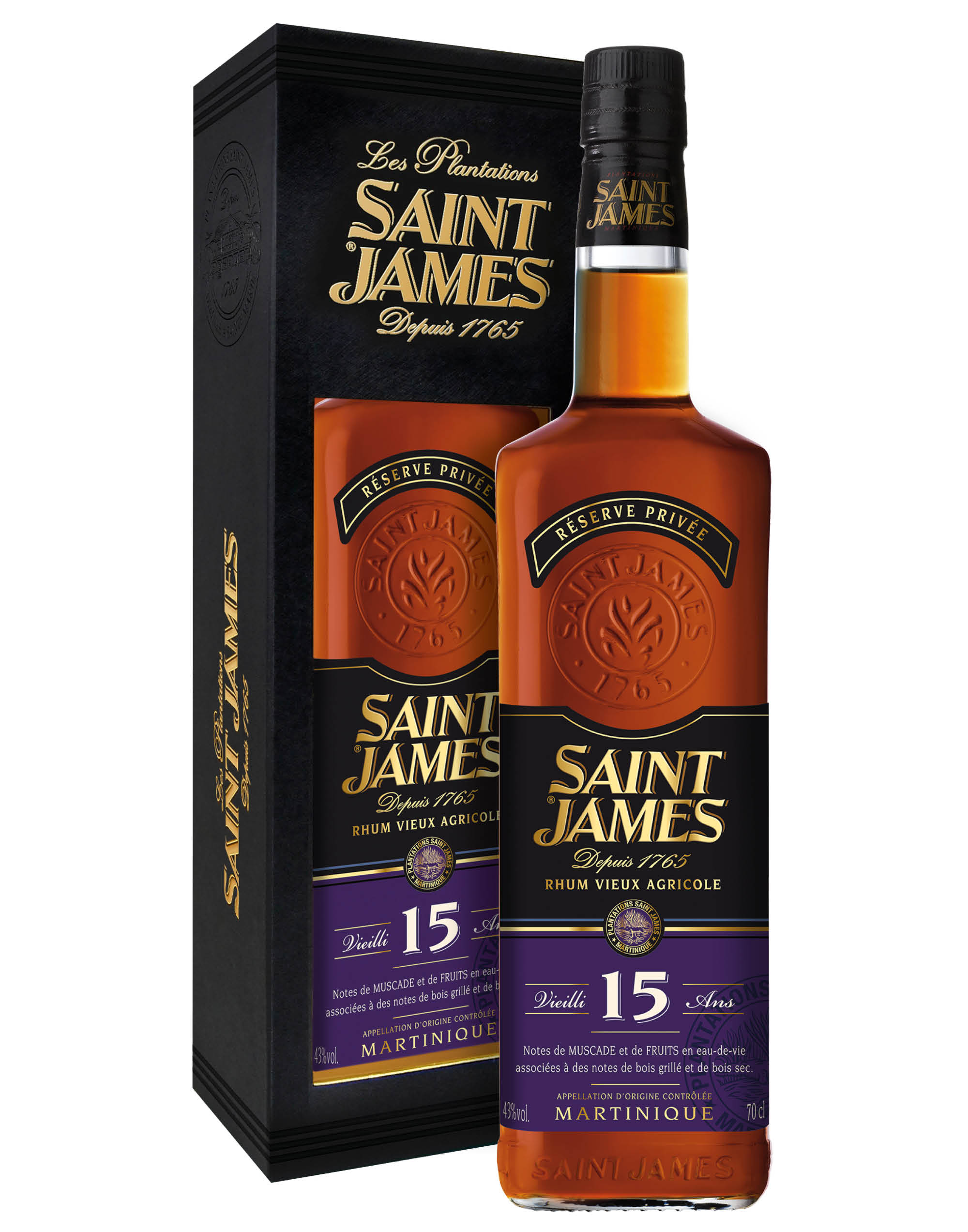 15 Years Rhum Vieux Agricole Saint James 0,7 ℓ, Cassetta di legno