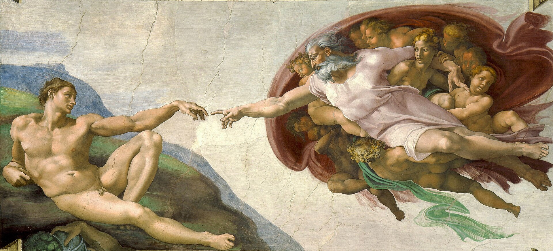 Detail from Michelangelo's Creation of Adam, Sistine Chapel ceiling, c. 1512, showing God reaching toward Adam.
