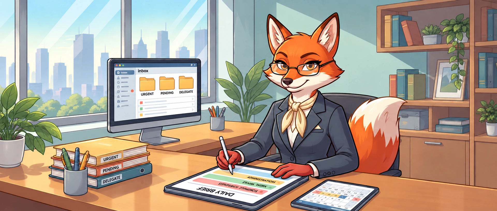 Vesper, the fox Chief of Staff, at her desk by a city window: a monitor with the inbox sorted into Urgent, Pending and Delegate, binders to match, a Daily Brief tablet and the day's calendar