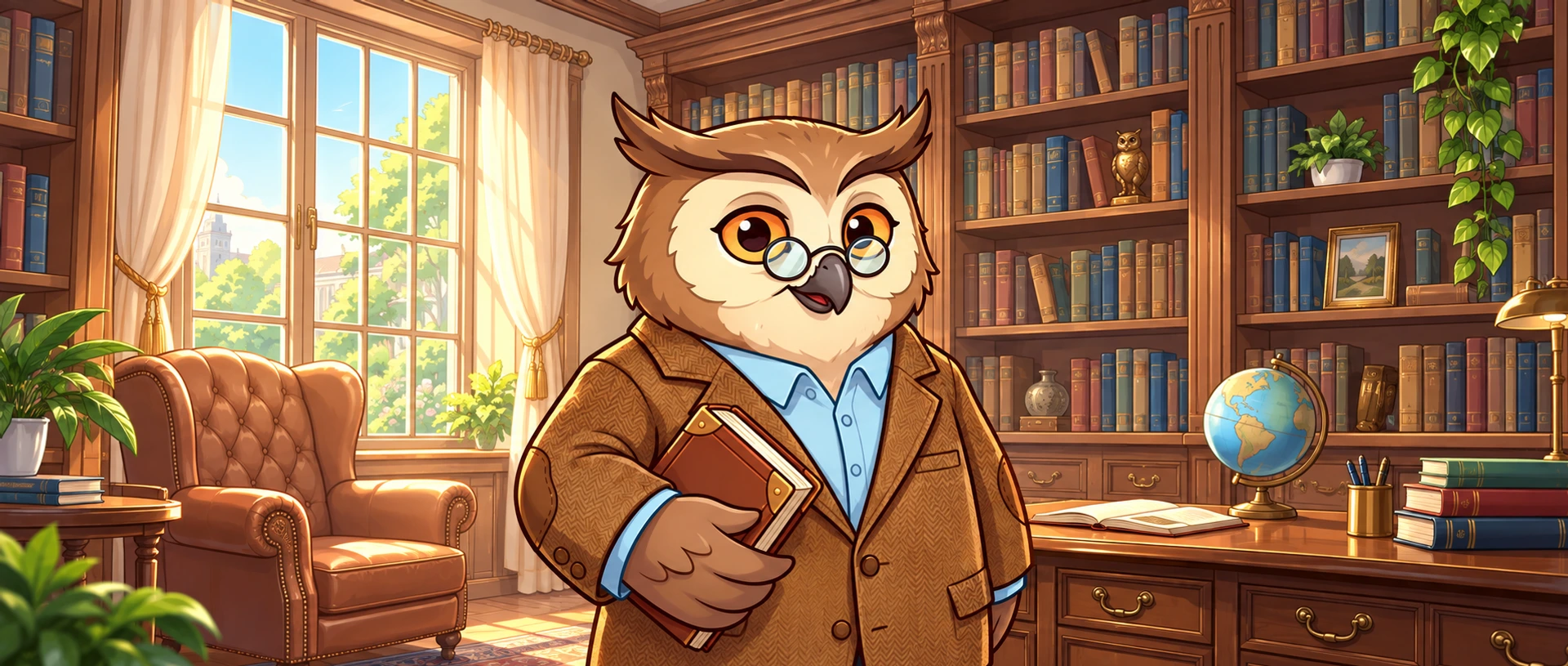 Dean, the owl Chief Knowledge Officer, in a tweed jacket and round glasses, a leather book under his wing, in a sunlit library of tall wooden shelves with an armchair, a globe and a writing desk