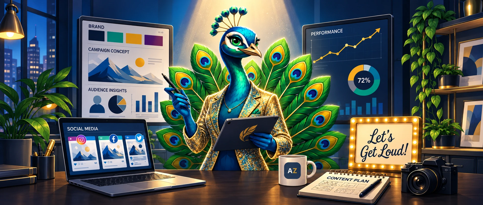 Esmeralda, the peacock Chief Marketing Officer, in a gold sequined jacket with a tablet, between a brand and campaign board and a performance chart, a laptop of social posts and a lit Let's Get Loud! sign on the desk
