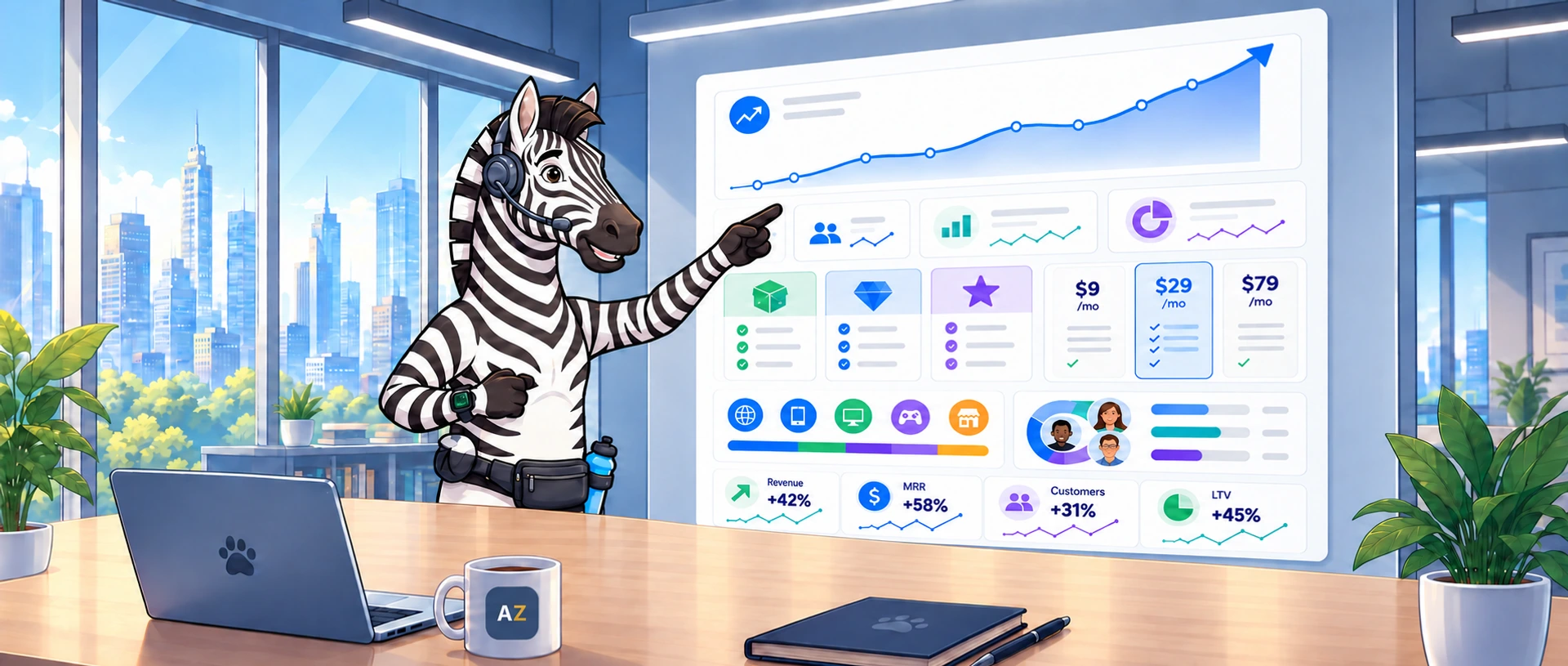 Champ, the zebra Chief Growth Officer, in a headset pointing at a wall dashboard of rising revenue, offerings, price tiers and customer growth