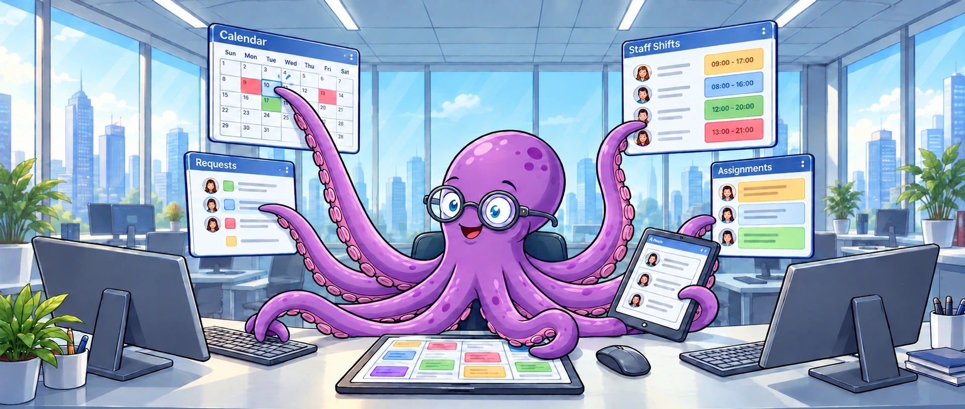 Maestro, the octopus Chief Orchestration Officer, at a desk by a city window with a tentacle on every screen: the calendar, staff shifts, requests, assignments and a tablet