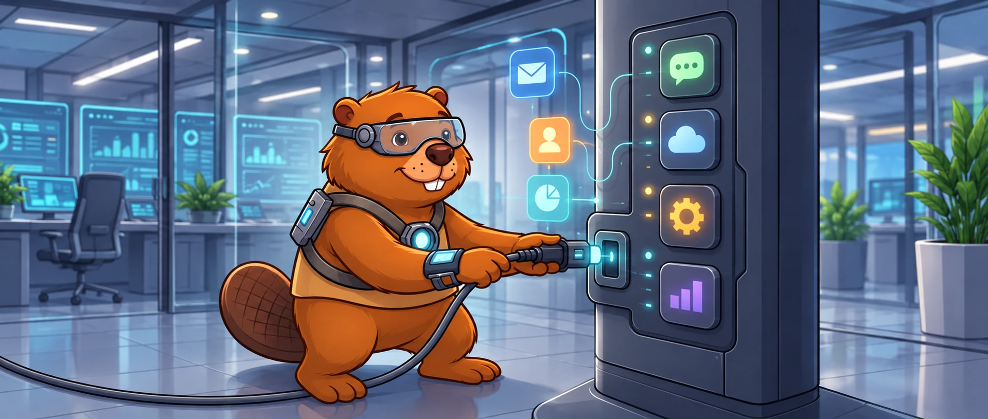 Archie, the beaver Chief Technology Officer, in goggles and a harness, plugging a glowing cable into a connection tower whose ports light up for chat, cloud, settings and reports