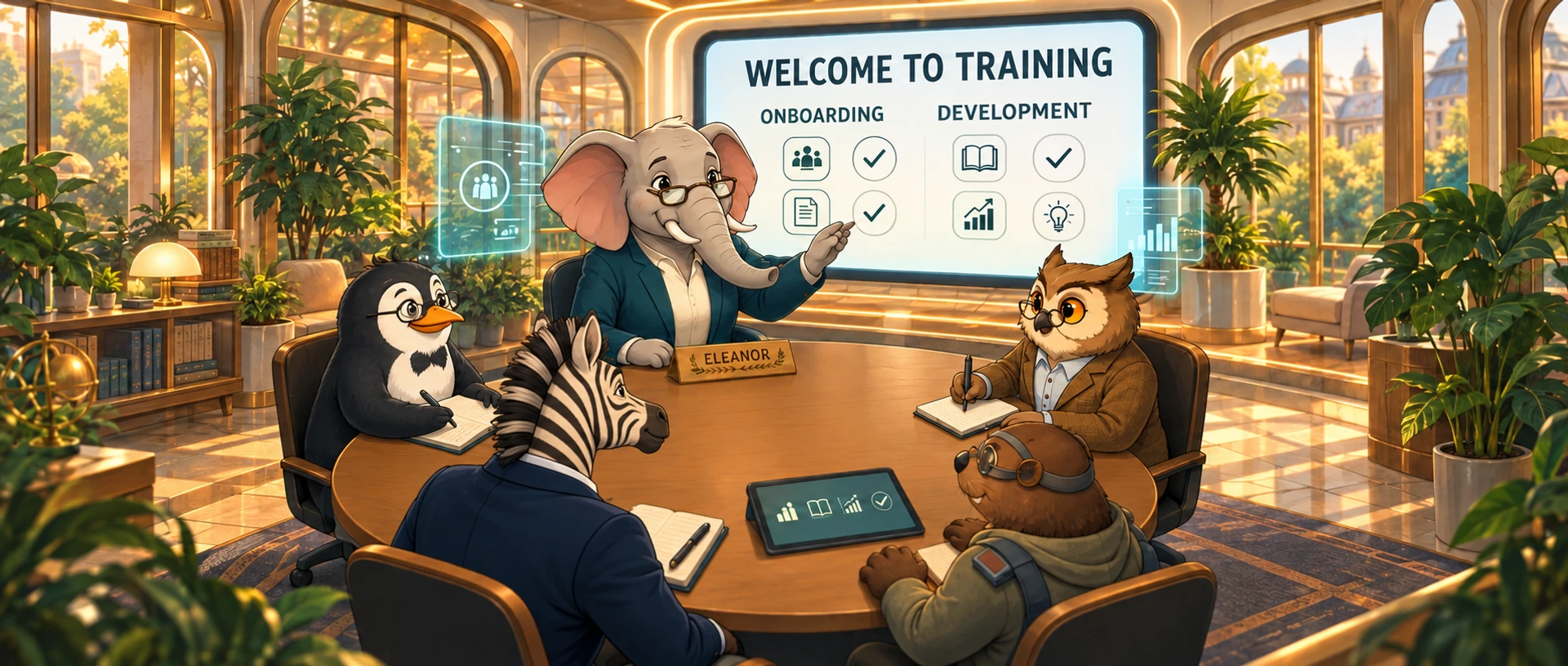 Eleanor, the elephant Chief People Officer, leading a round-table session under a Welcome to Training screen of onboarding and development steps, with Winston, Champ, Dean and Archie taking notes