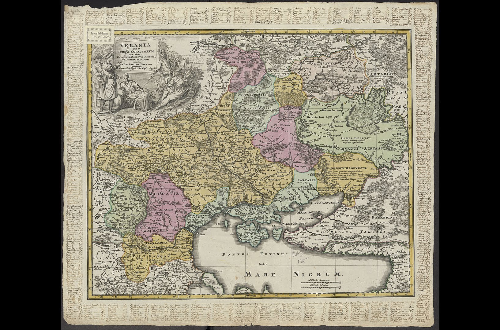 Oekraïne als land van Kozakken, door Joahnn Baptist Homann, ca. 1702-1720, collectie Universitaire Bibliotheken Leiden (06 UBLCKA_COLLBN_Port_163_N_125).