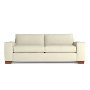 Beige colored two seat sofa with brown wooden feet