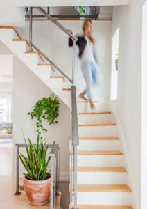 A snake plant adds to the verticality of the staircase