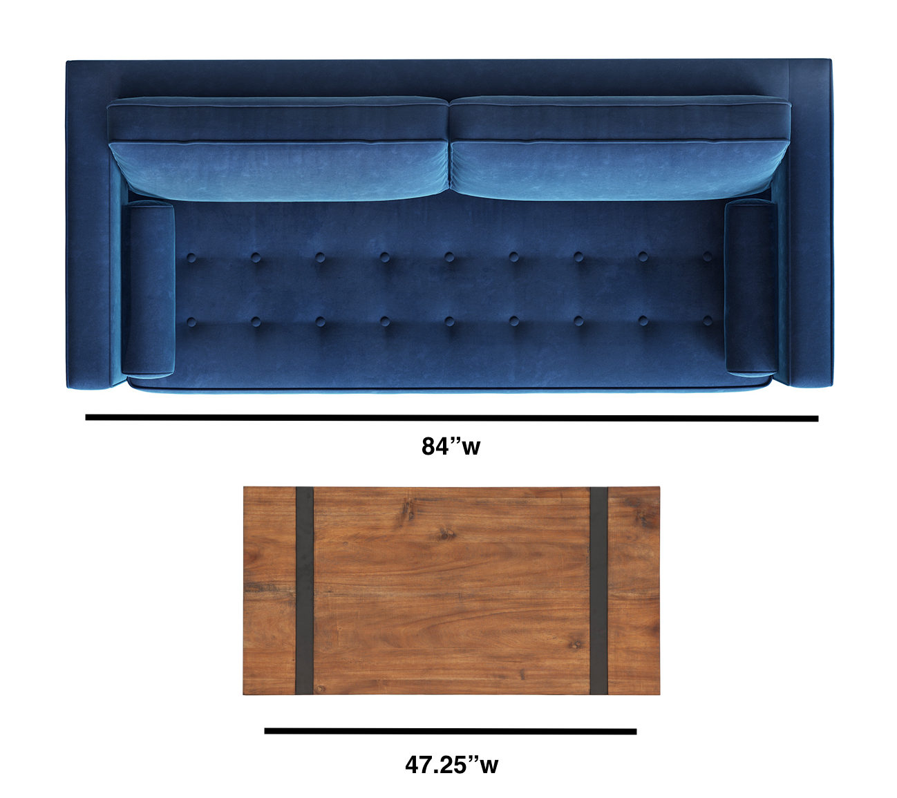 blue sofa from top down and brown cocktail table from the top