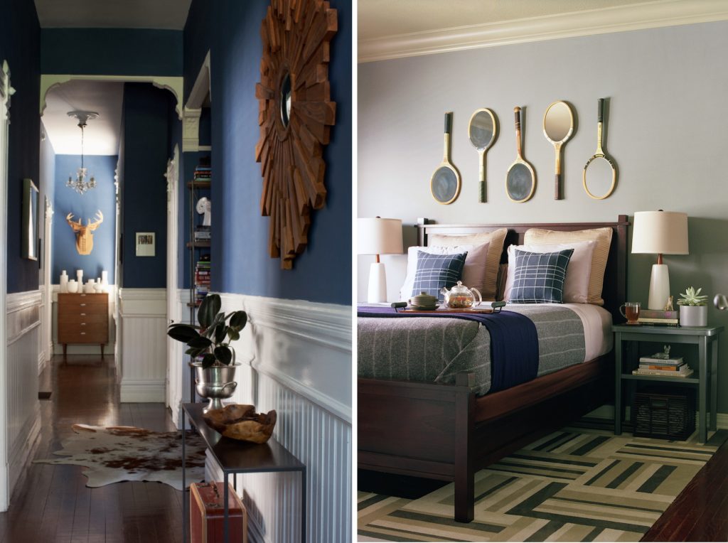 left image is a hallway with wall art, table, plant, cabinet and rug, right image is a bedroom with wall art, a bed, lamp, rug and side table