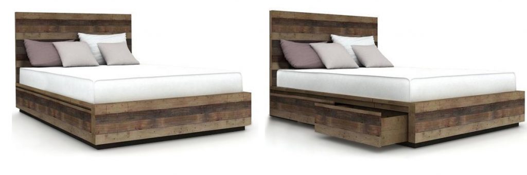 two images of a wooden bed with pillows