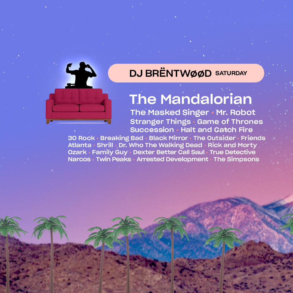 tv shows listed in style of a Music Festival with a dj, sofa and a desert background