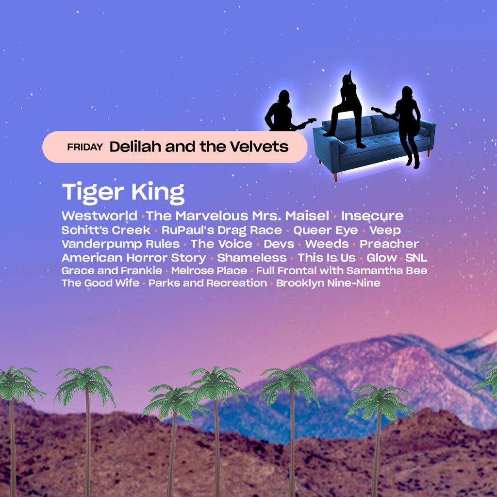 tv shows listed in style of a Music Festival with three people on a couch and a desert background