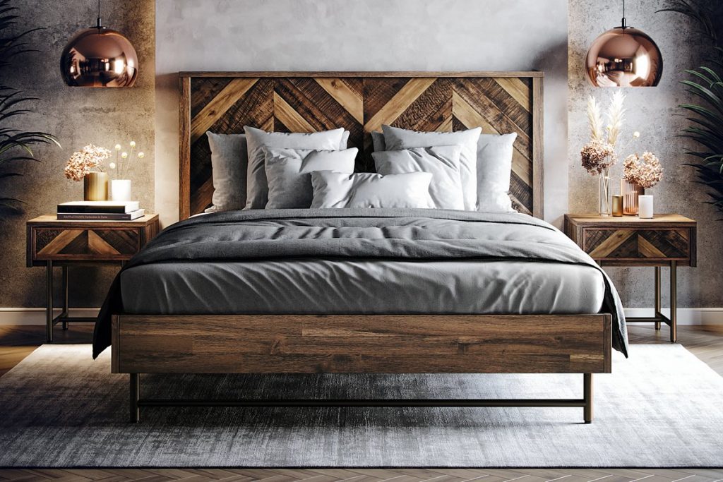 Modern bedroom scene with wooden chevron-patterned bed and nightstands on a grey rug