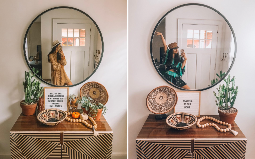 Side by side images showing reflection of a woman in a round wall mirror with intricate cabinet below