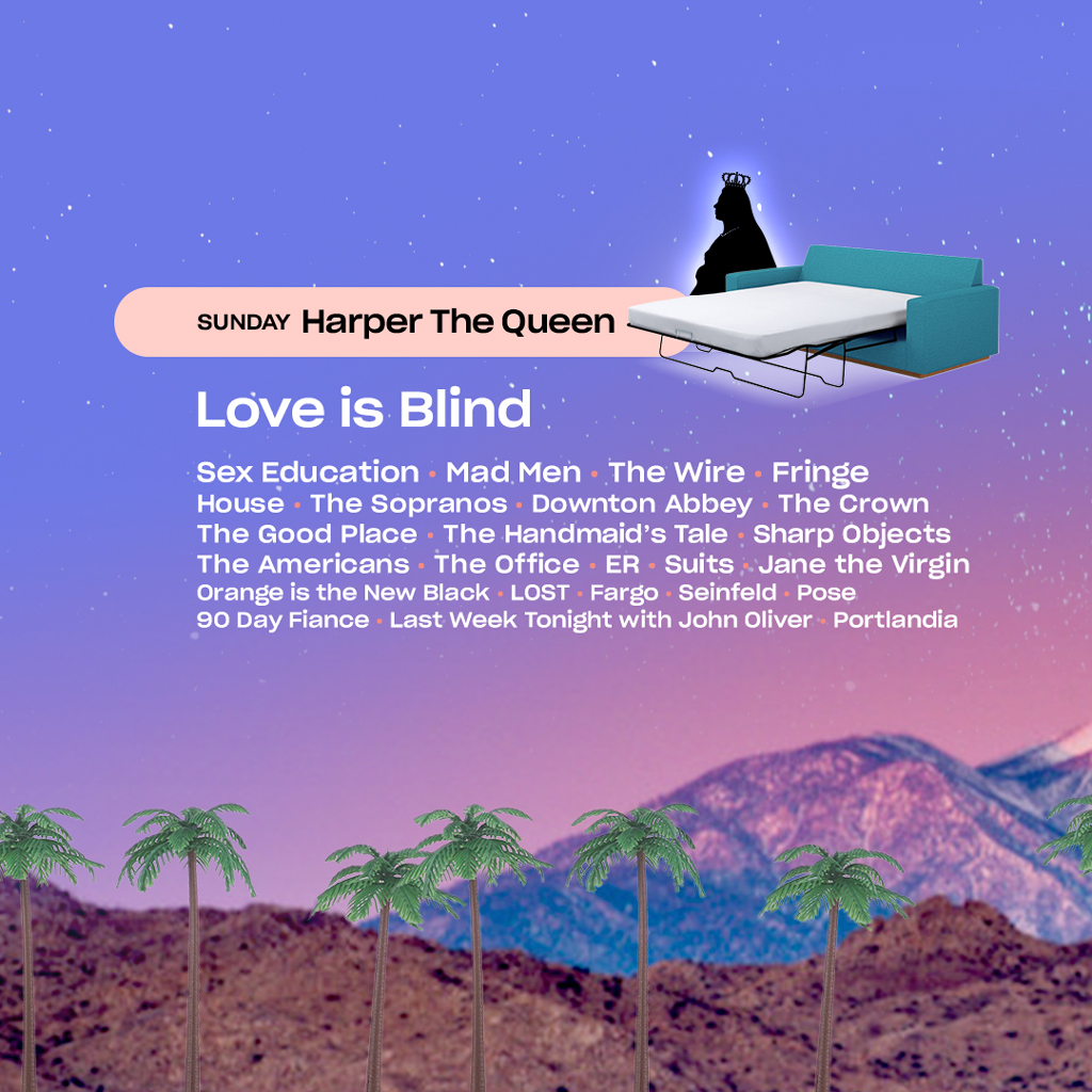 tv shows listed in style of a Music Festival with a person and a desert background