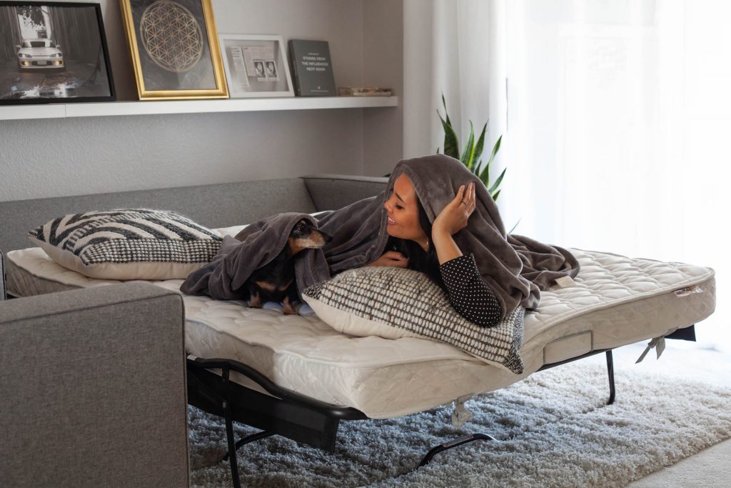 woman on pull out bed under covers with a dog