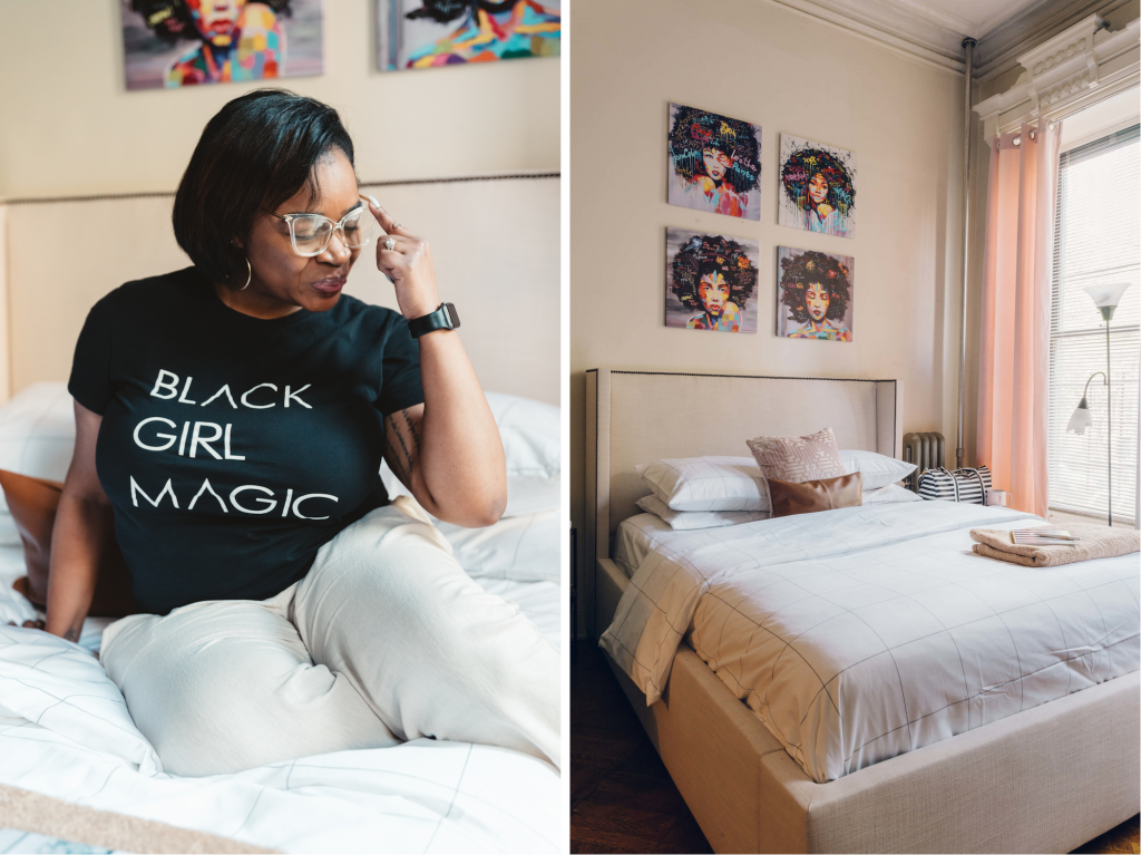 left image of woman sitting on bed and right image is a bed with pillows, paintings and a lamp