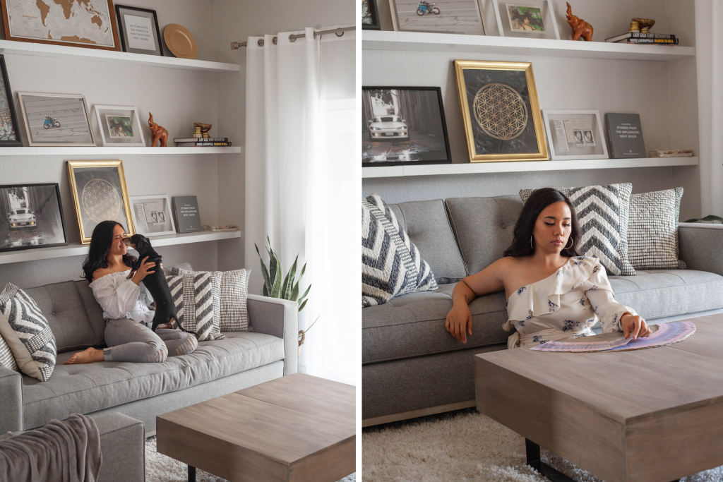 left image woman and dog on grey sofa right image woman looking at fabric swatches next to grey sofa