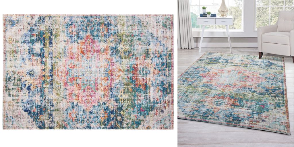 left image multicolored rug right image rug with white desk and white chair