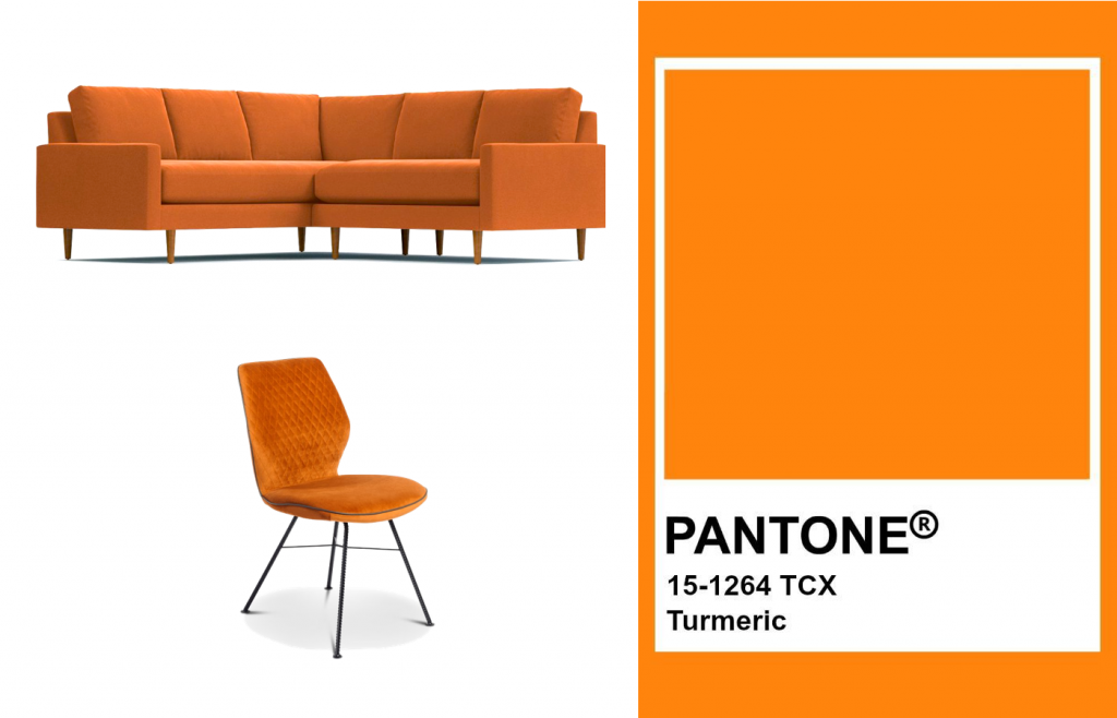 Pantone color Tumeric beside an orange sofa and chair