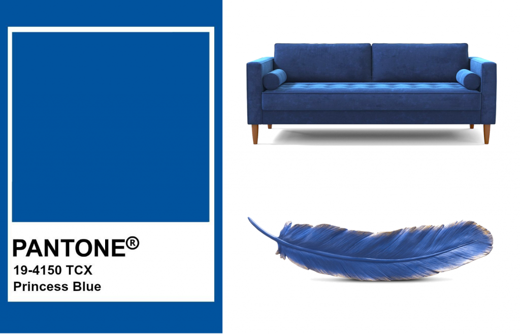 Pantone color Priness Blue beside a blue sofa and feather