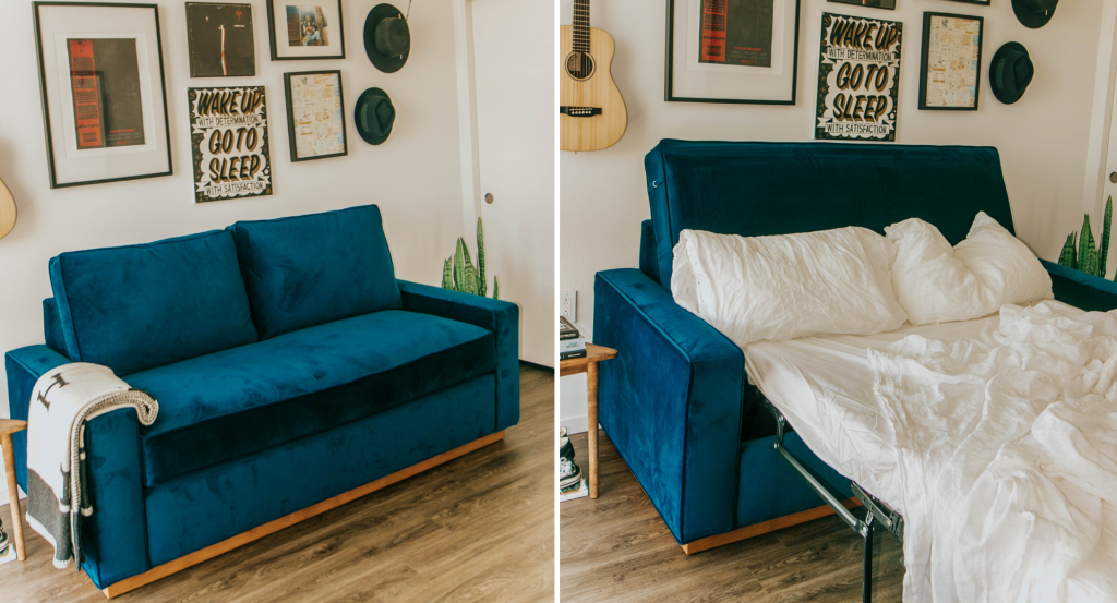 left image blue sofa and paintings right image blue sleeper sofa pulled out
