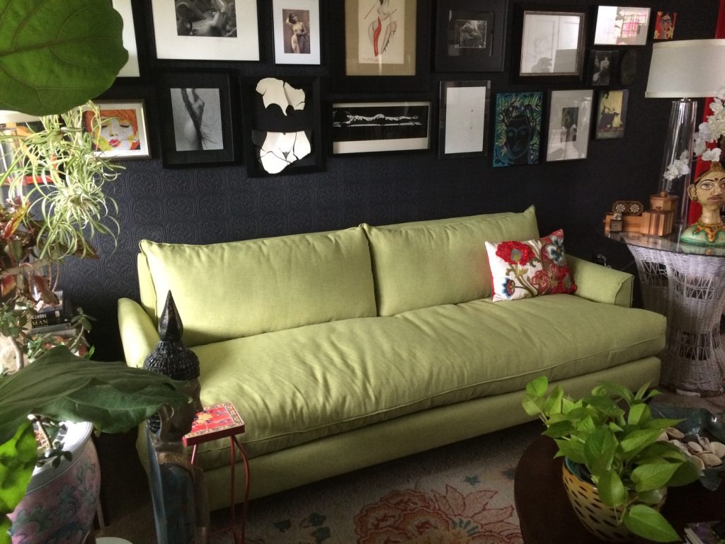 dark room with green sofa, pillow, paintings, lamp and many plants