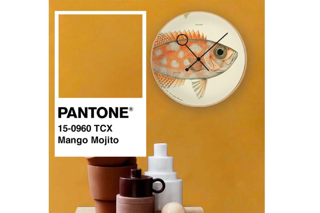 image of pantone color mango mojito with a fish clock and cups