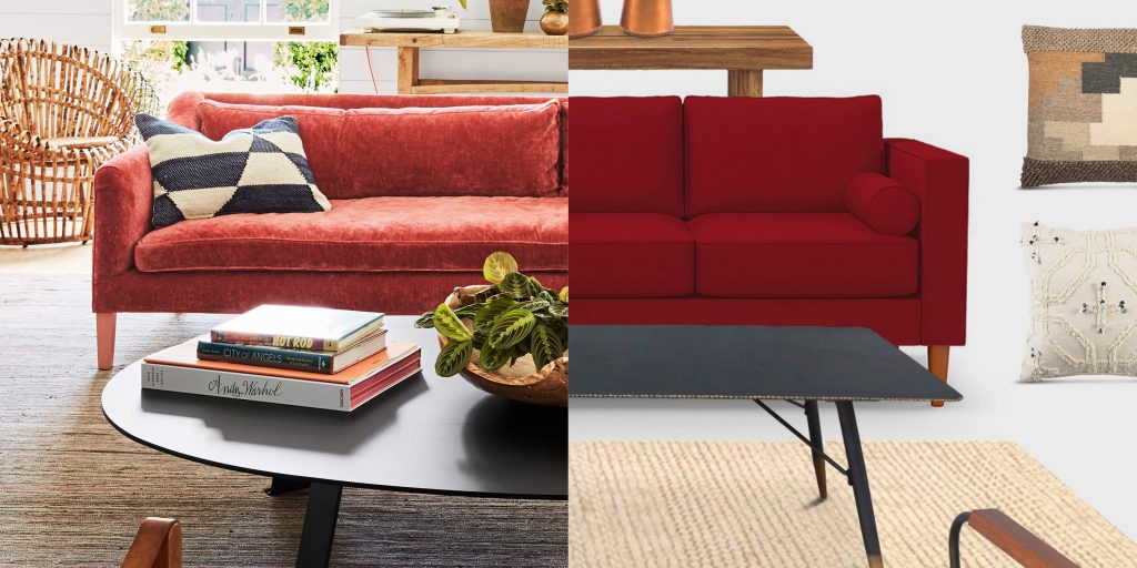 left image orange sofa with pillow on it right image red sofa