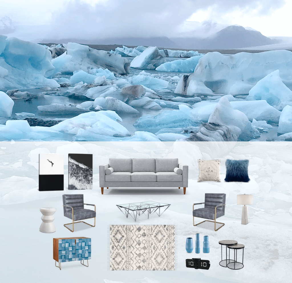 top image is ice on water bottom image has a variety of apt2B pieces of furniture