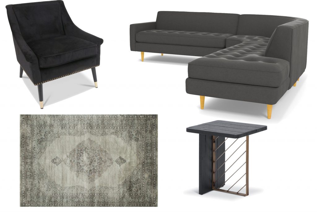 a black chair, grey sofa, beige rug and black side table