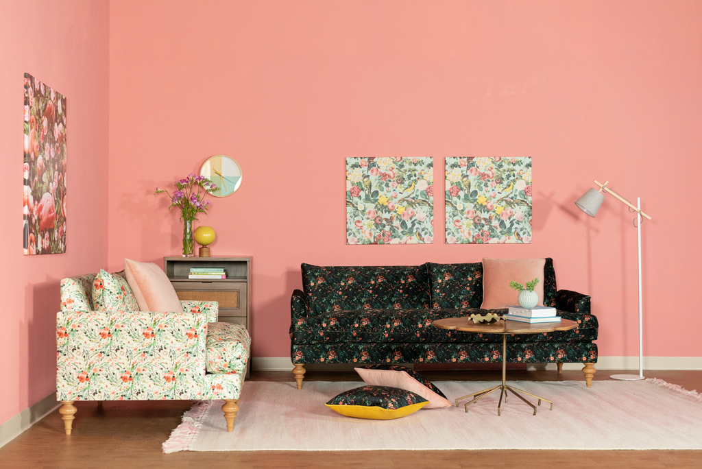 pink room with a multicolored white sofa and black sofa with pillows beside a side table, mirror, paintings, lamp and beige rug