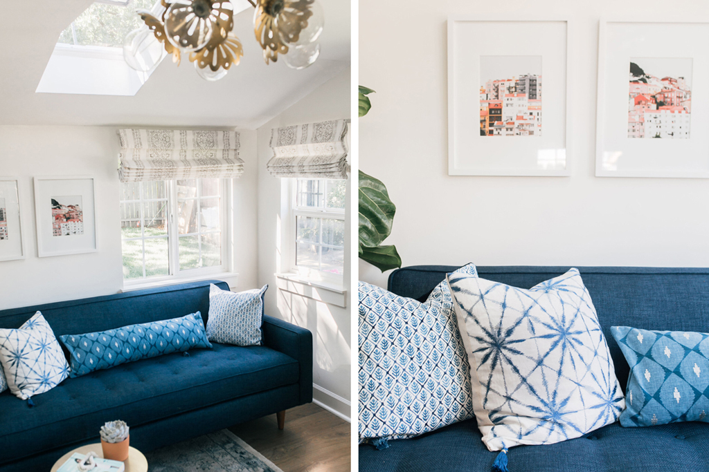 left image is a blue sofa with pillows right image is a blue sofa and pillows