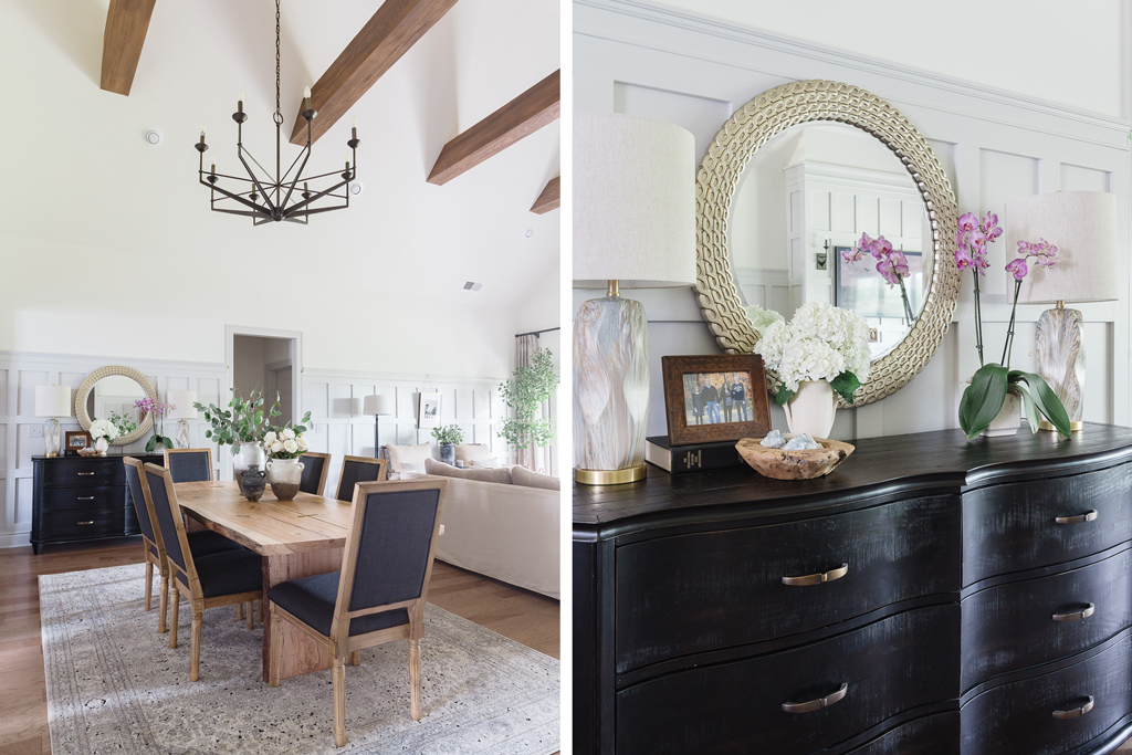 left image is a dining room with chairs and table and right image is a cabinet with items on it