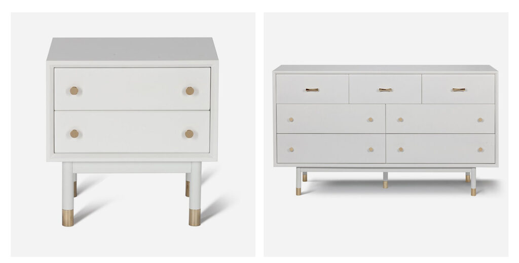 left image is a small white side table right image is a white dresser