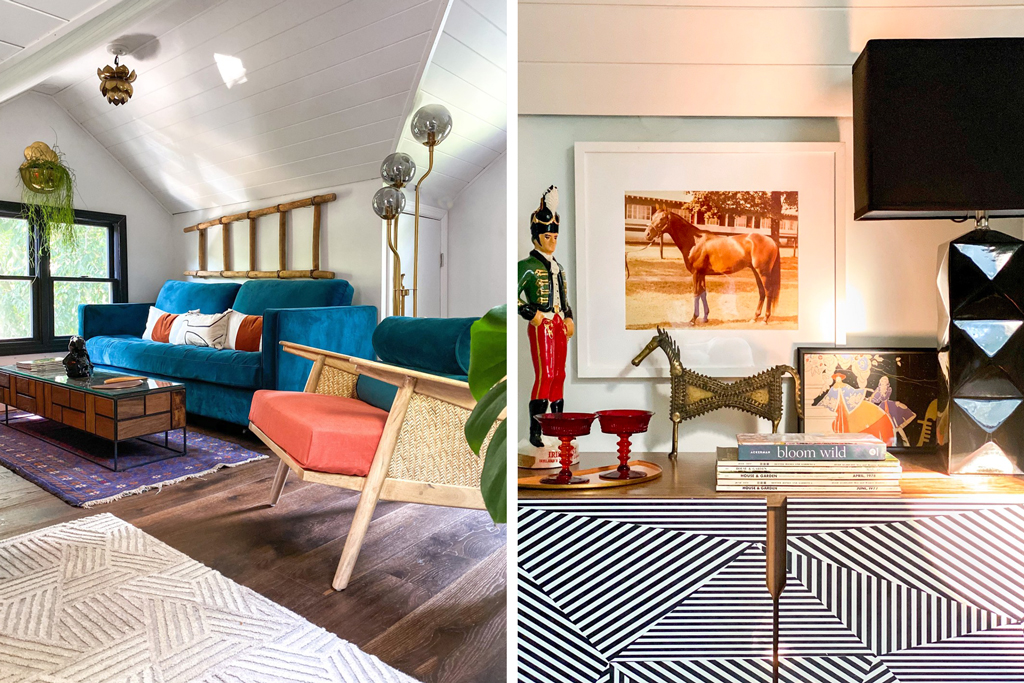 left image is a blue sofa with chair, table, rug, lamps and plants right image is a cabinet with art on it