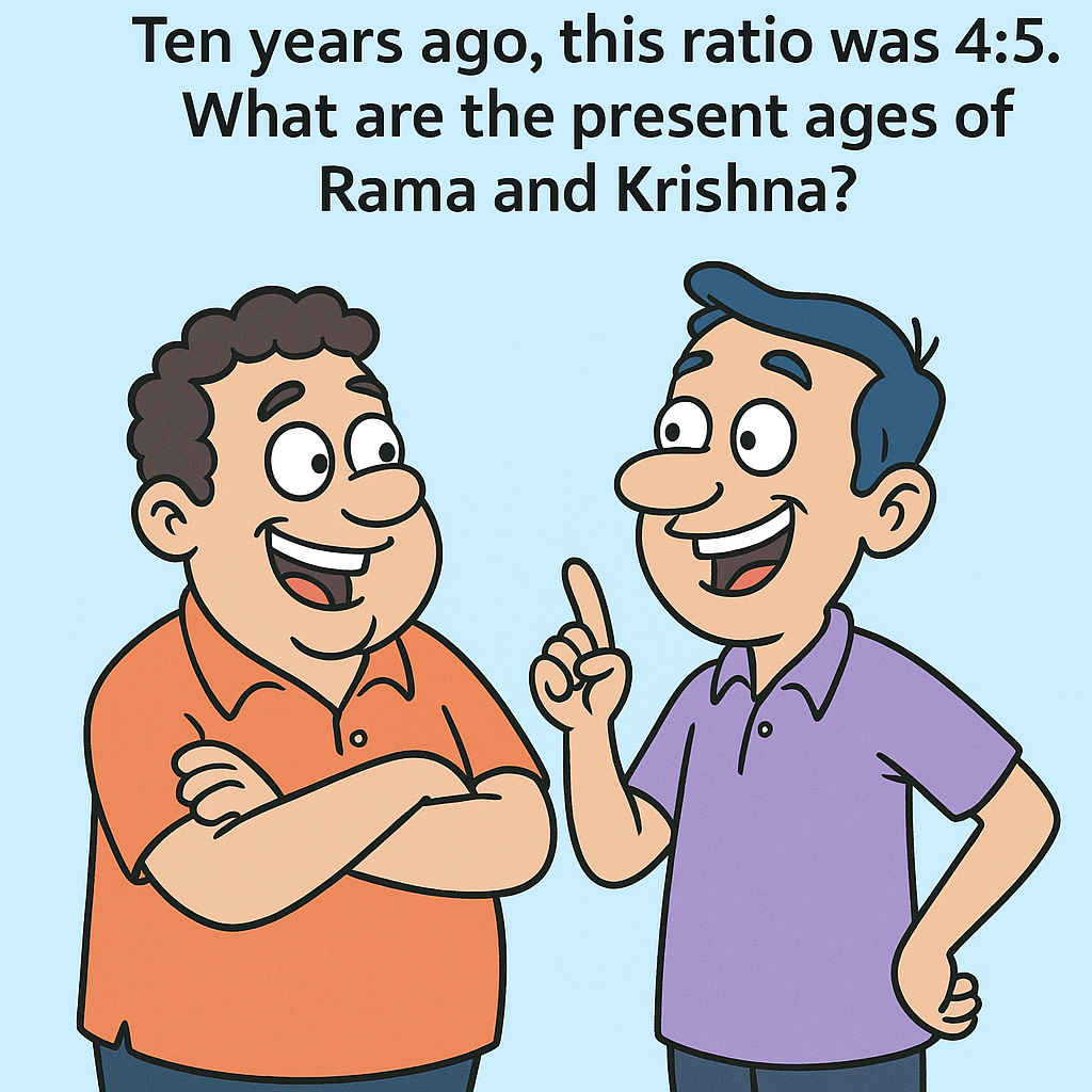 A humorous cartoon showing Rama and Krishna standing side by side, looking puzzled as they try to calculate their ages based on a confusing ratio. Rama holds a giant calculator, while Krishna scratches his head, surrounded by floating math equations. A speech bubble reads: 'Wait... were we older 10 years ago?!'