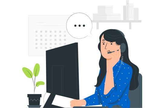 Ilustración d euna mujer trabajando en un computador, mientras atiende una llamada