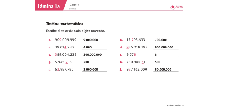 Lámina de planificación de clase matemáticas, quinto básico, uno