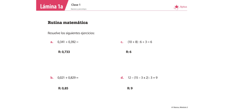 Lámina de planificación de clase matemáticas, sexto básico, uno