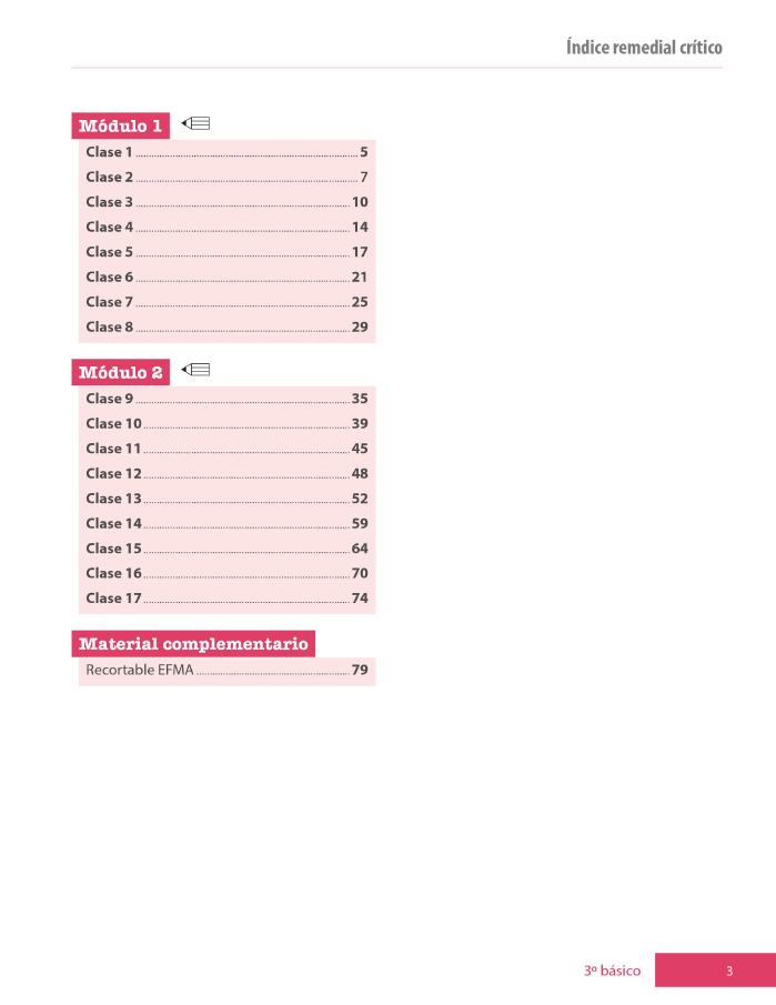 Índice planificación de clase Matemáticas, tercero básico, página cuarta