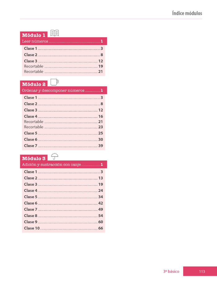 Índice planificación de clase Matemáticas, tercero básico, página quinta