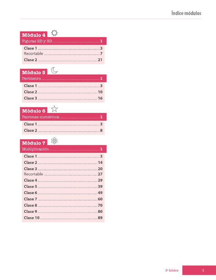 Índice planificación de clase Matemáticas, tercero básico, página sexta